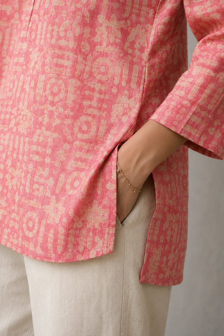 Pink Hand Batik Khadi Cotton Top | SHOBITAM