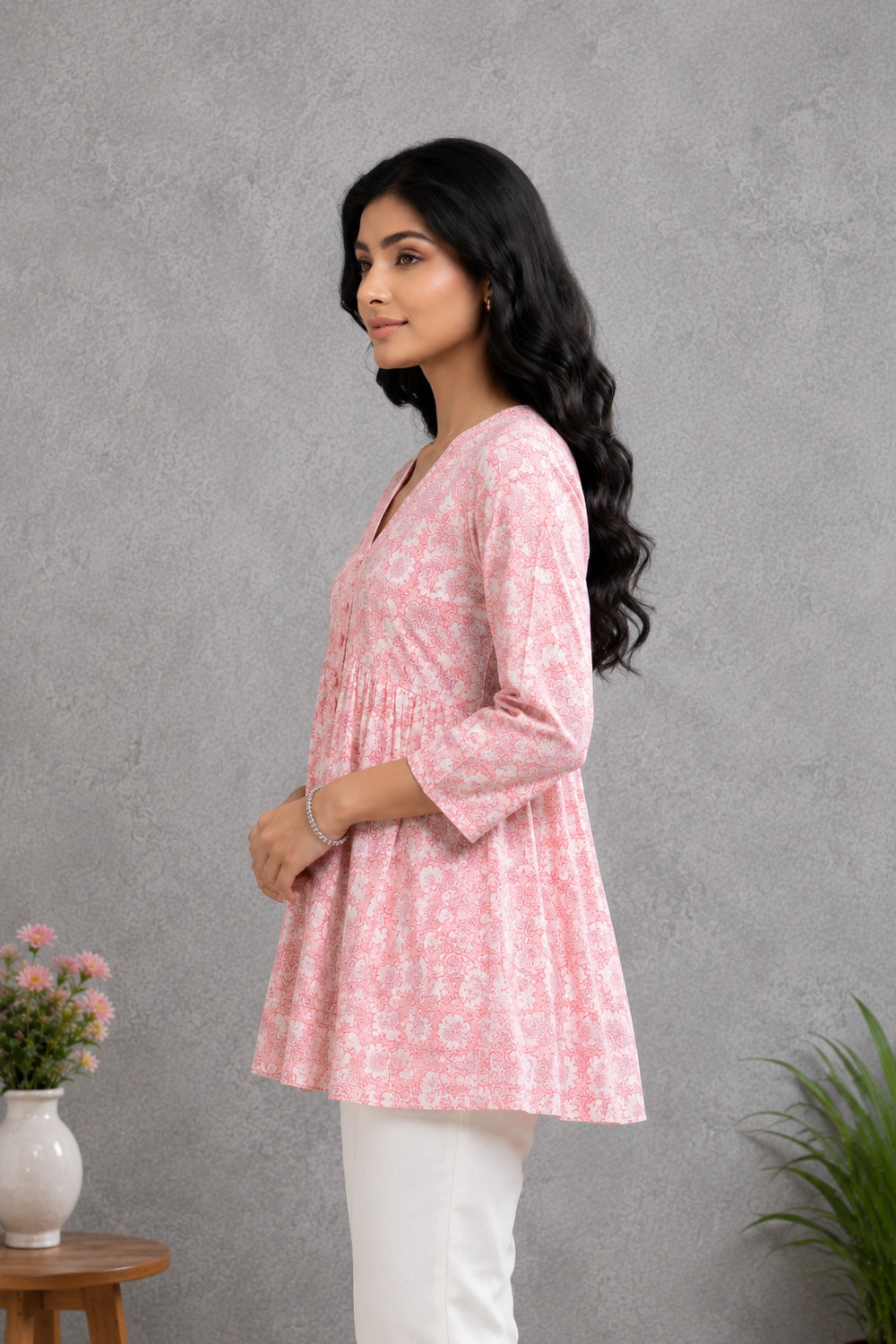 Pink Floral Printed Gathered Tunic Top | SHOBITAM
