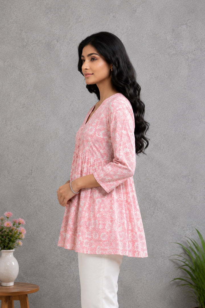Pink Floral Printed Gathered Tunic Top | SHOBITAM
