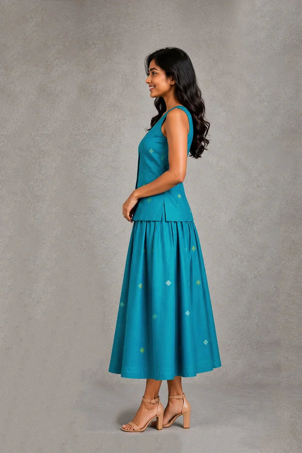Teal Blue Yantra Motif Jamdani Skord | SHOBITAM