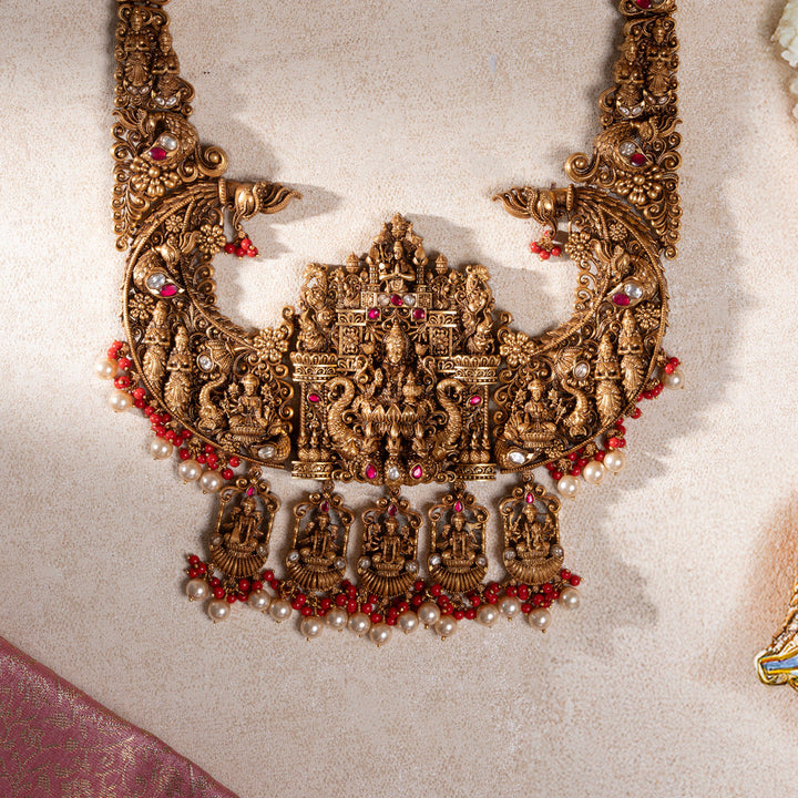 Pure 92.5 Silver, Gold Plated Lakshmi Devi Motif Gold Haram