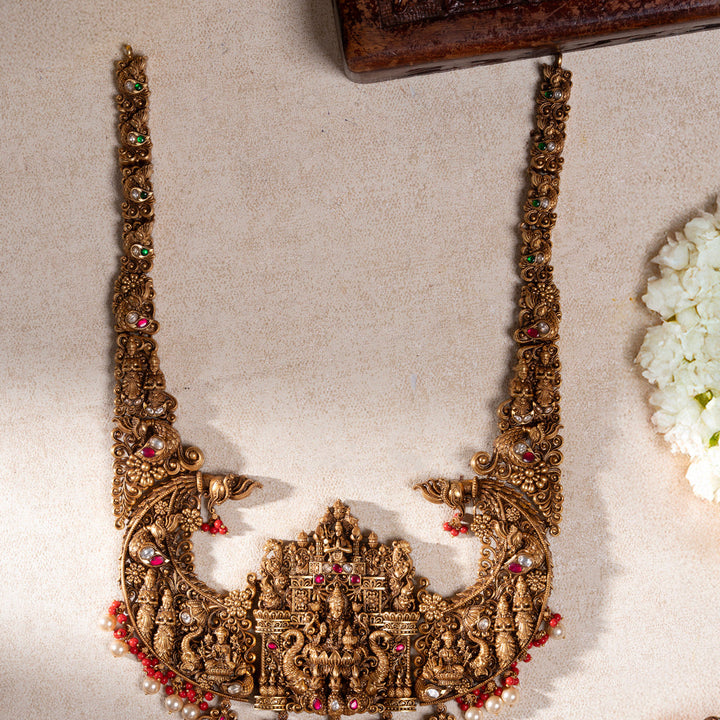 Pure 92.5 Silver, Gold Plated Lakshmi Devi Motif Gold Haram