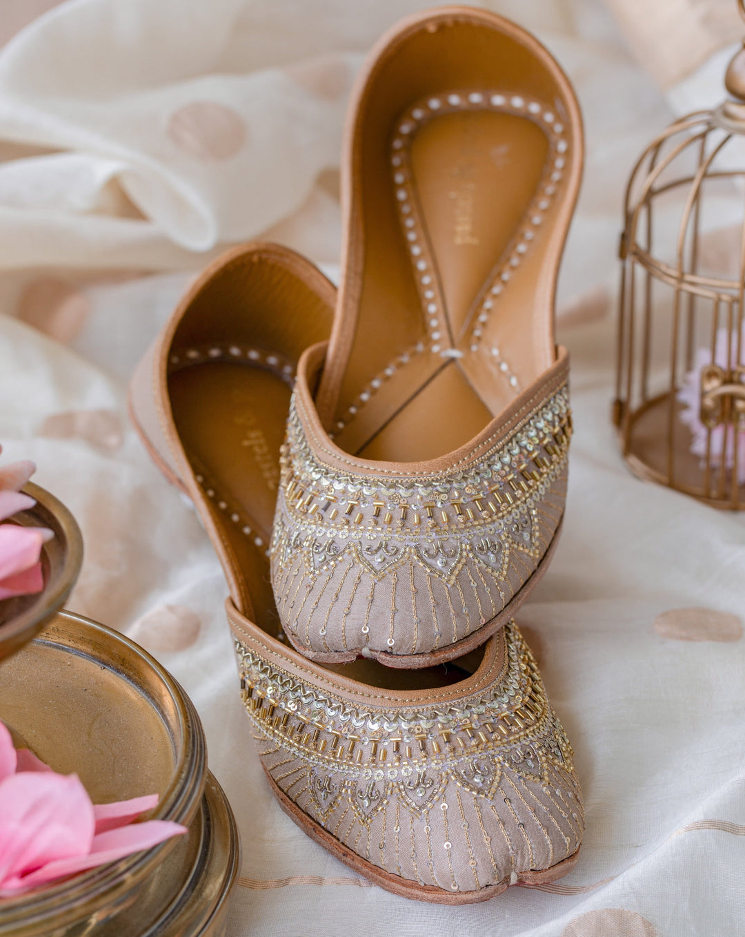 AURORA Hand-Embroidered Champagne Gold Sequin and Bugle Bead Jutti | SHOBITAM