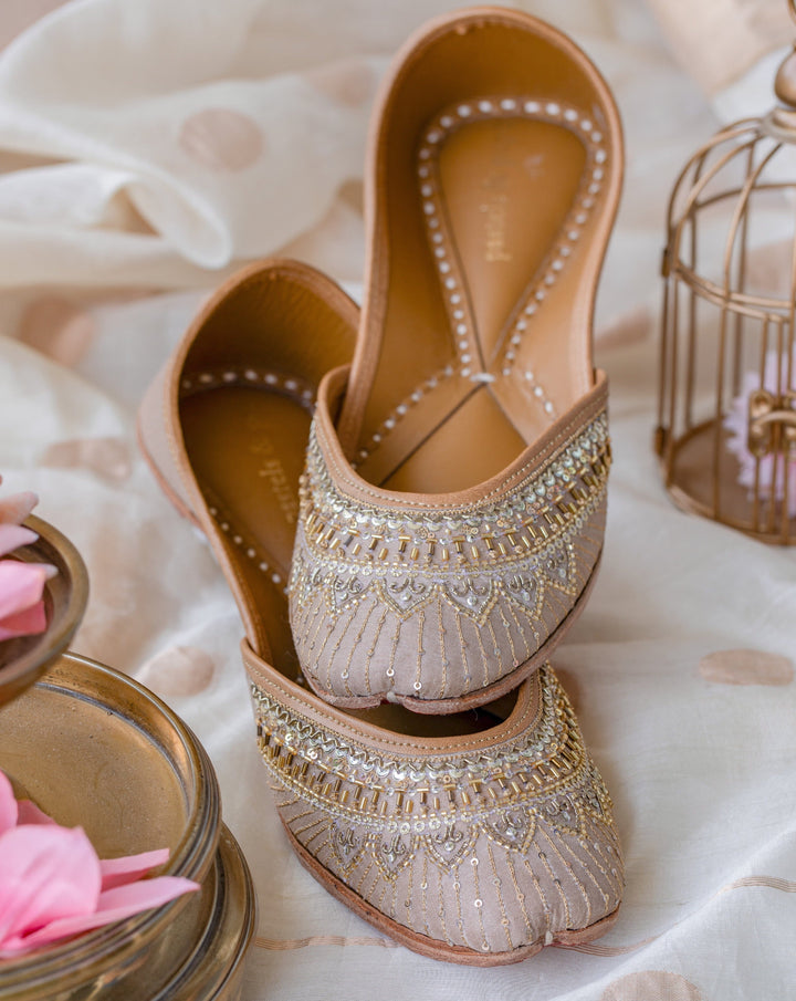 AURORA Hand-Embroidered Champagne Gold Sequin and Bugle Bead Jutti | SHOBITAM