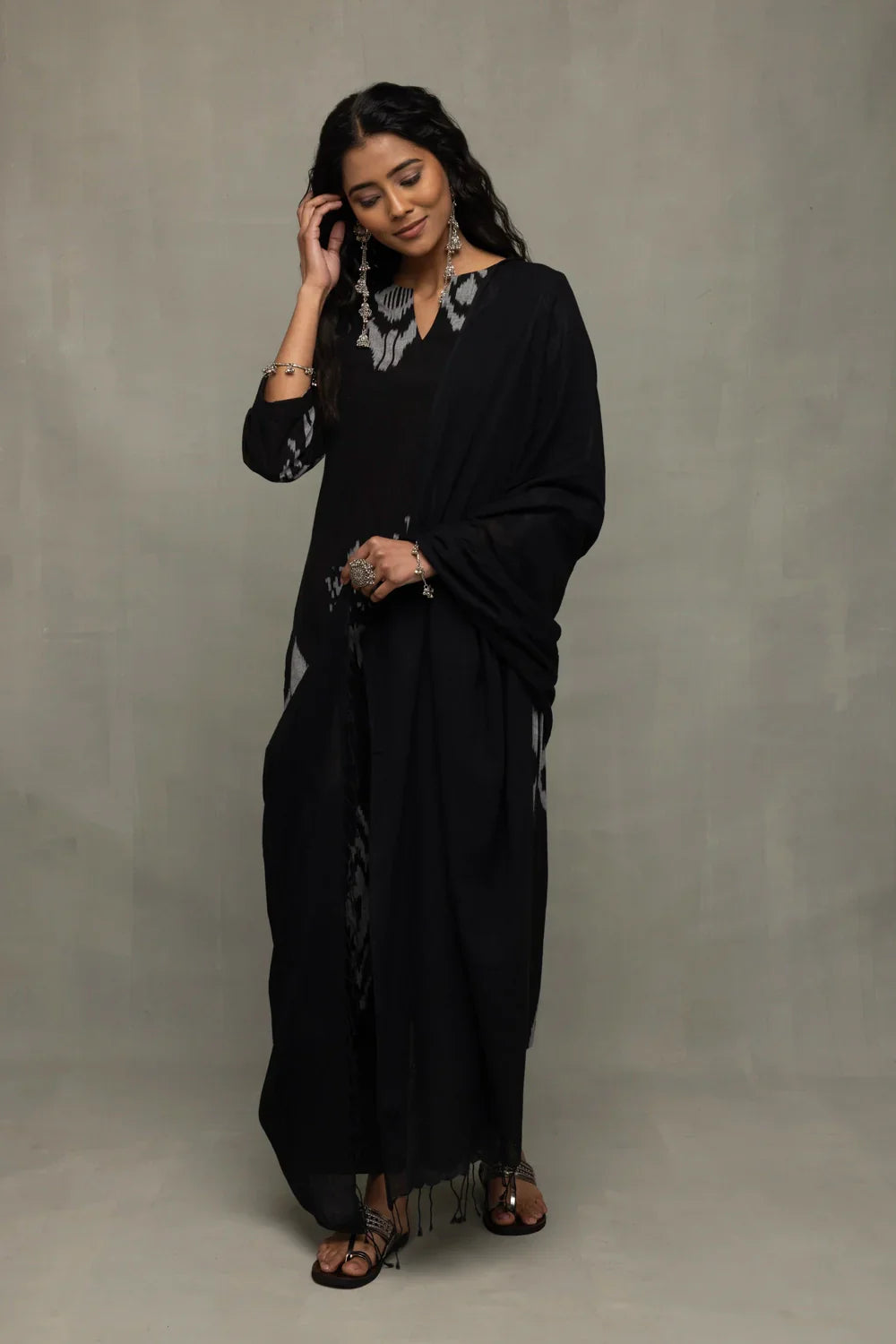 Handloom Black Ikat Abstract Kurta Set with Dupatta | SHOBITAM