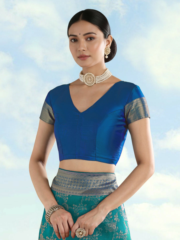 Turquoise Banarasi Semi Silk Saree With Zari Woven Design  | SHOBITAM
