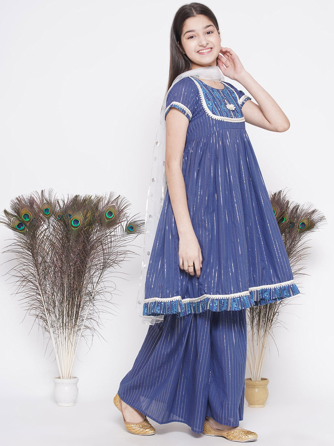 Girls Floral patch and lace work Frock Style Kurta with sharara and Dupatta | SHOBITAM