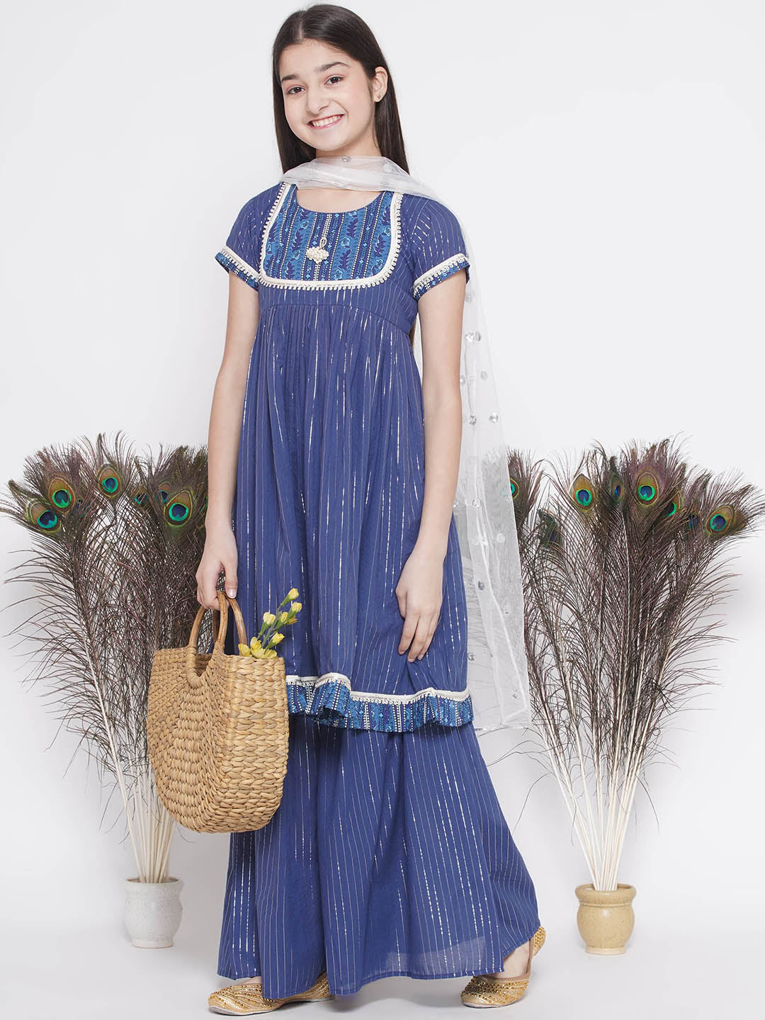 Girls Floral patch and lace work Frock Style Kurta with sharara and Dupatta | SHOBITAM