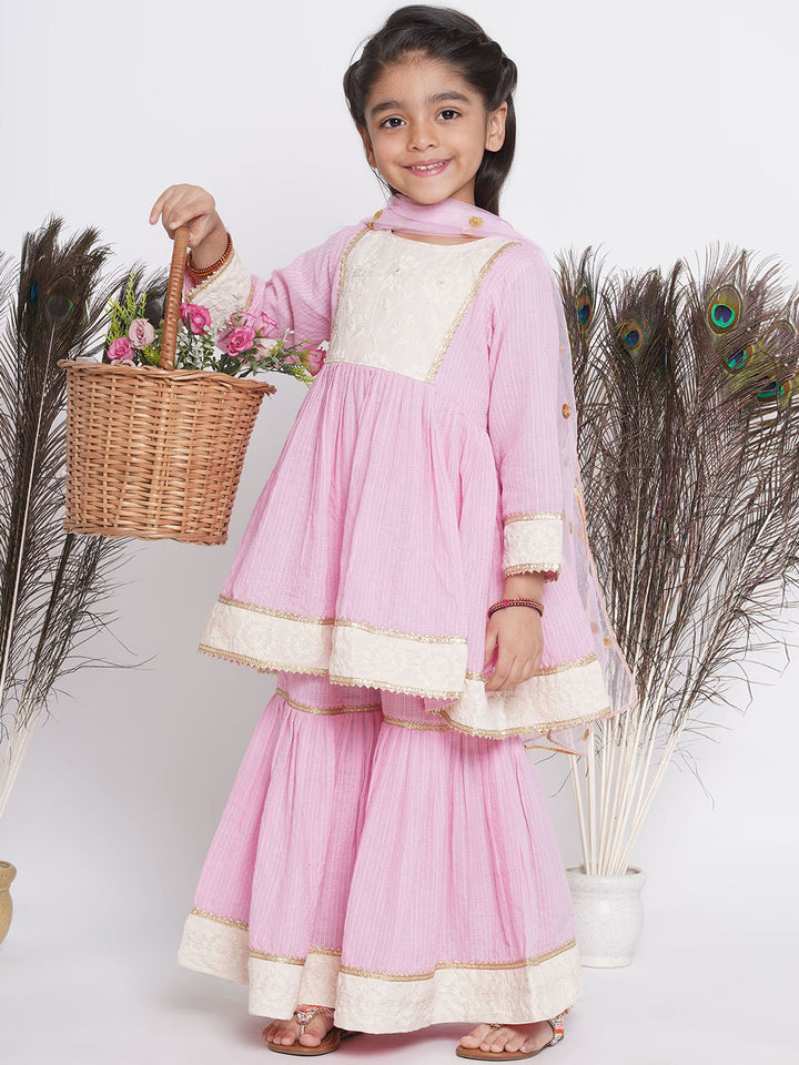 Thread work Frock Style Kurta with Floral Embroidery and Sharara with Dupatta | SHOBITAM
