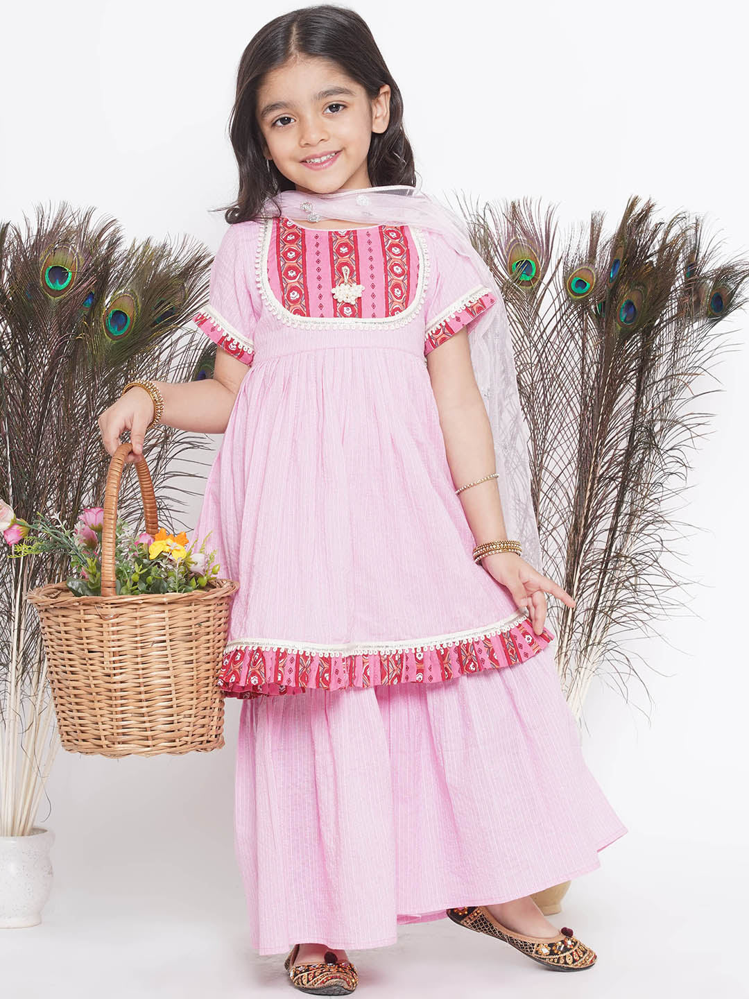 Floral patch and lace work Frock Style Kurta with sharara and Dupatta | SHOBITAM