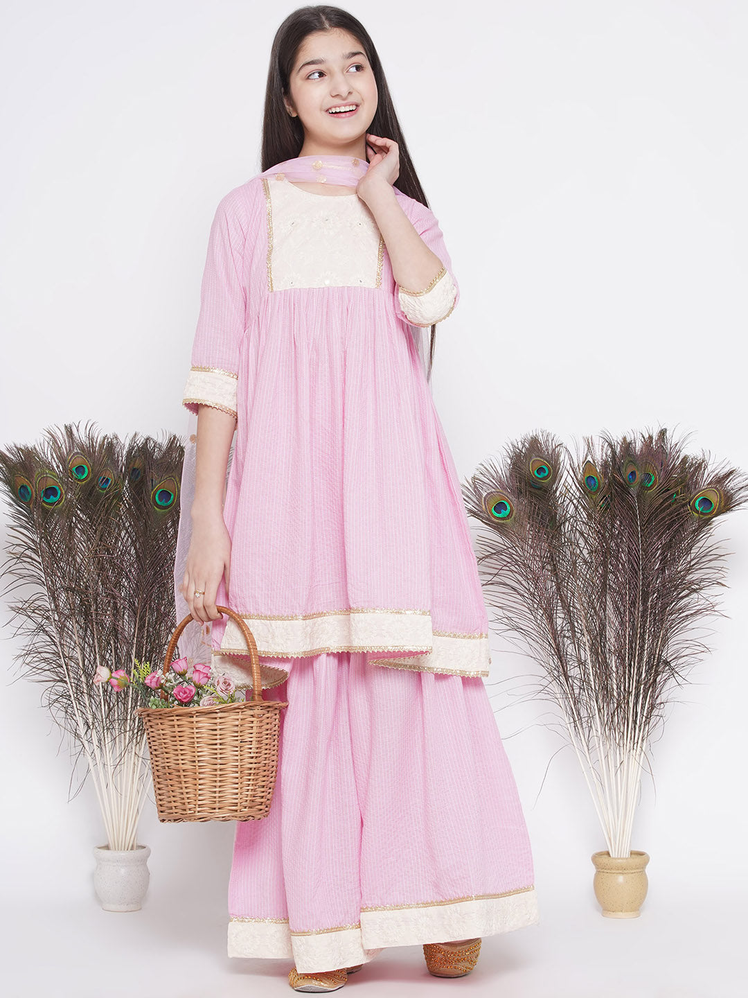Thread work Frock Style Kurta with Floral Embroidery and Sharara with Dupatta | SHOBITAM