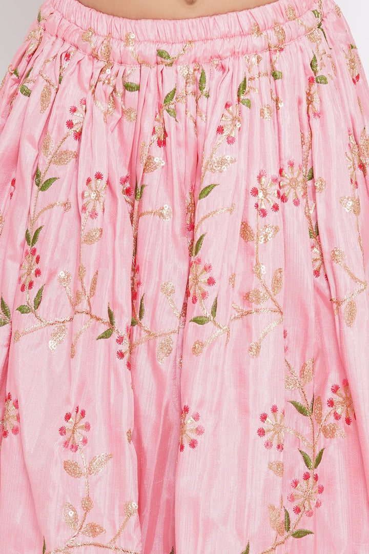 Silk Blouse with Lehenga and Dupatta with Floral Embroidery | SHOBITAM