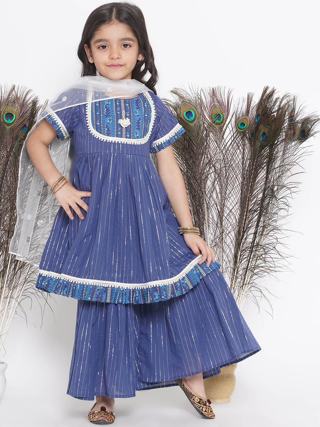 Girls Floral patch and lace work Frock Style Kurta with sharara and Dupatta | SHOBITAM