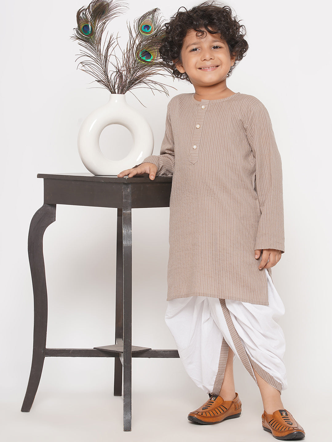 Boys Thread Work Kurta with Pearl buttons & Dhoti - Camel Brown | SHOBITAM
