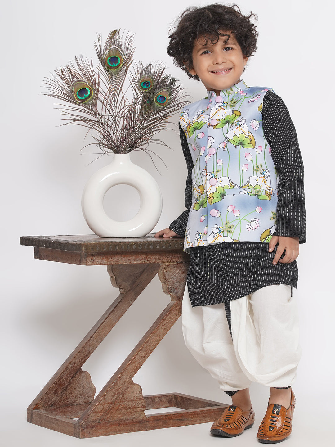 Cow print Jacket with Thread work Kurta and Dhoti - Grey & Black  | SHOBITAM