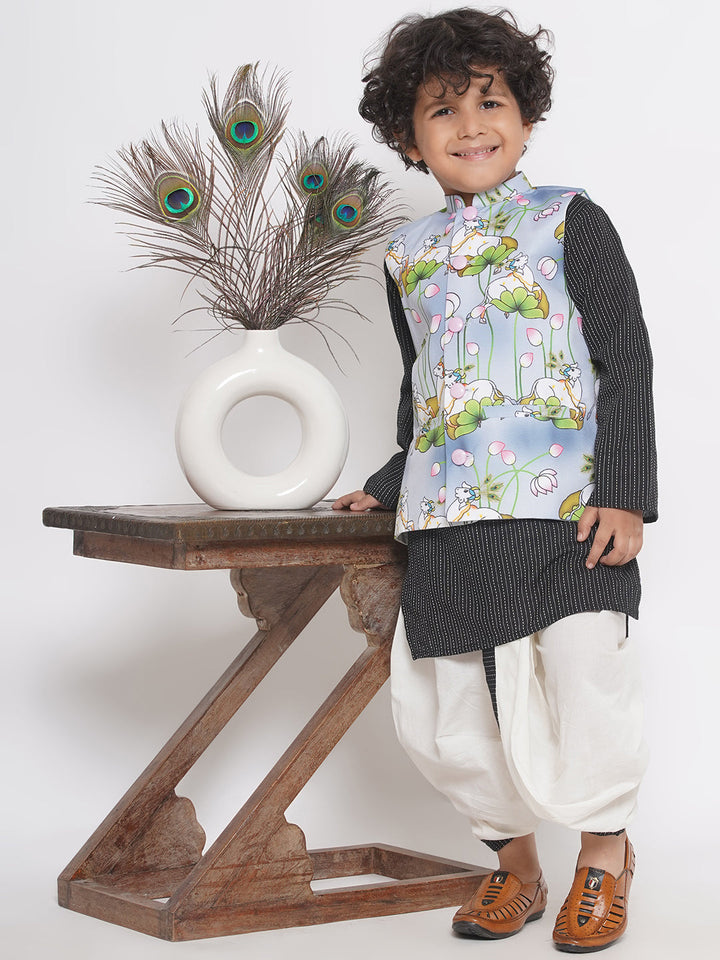 Cow print Jacket with Thread work Kurta and Dhoti - Grey & Black  | SHOBITAM