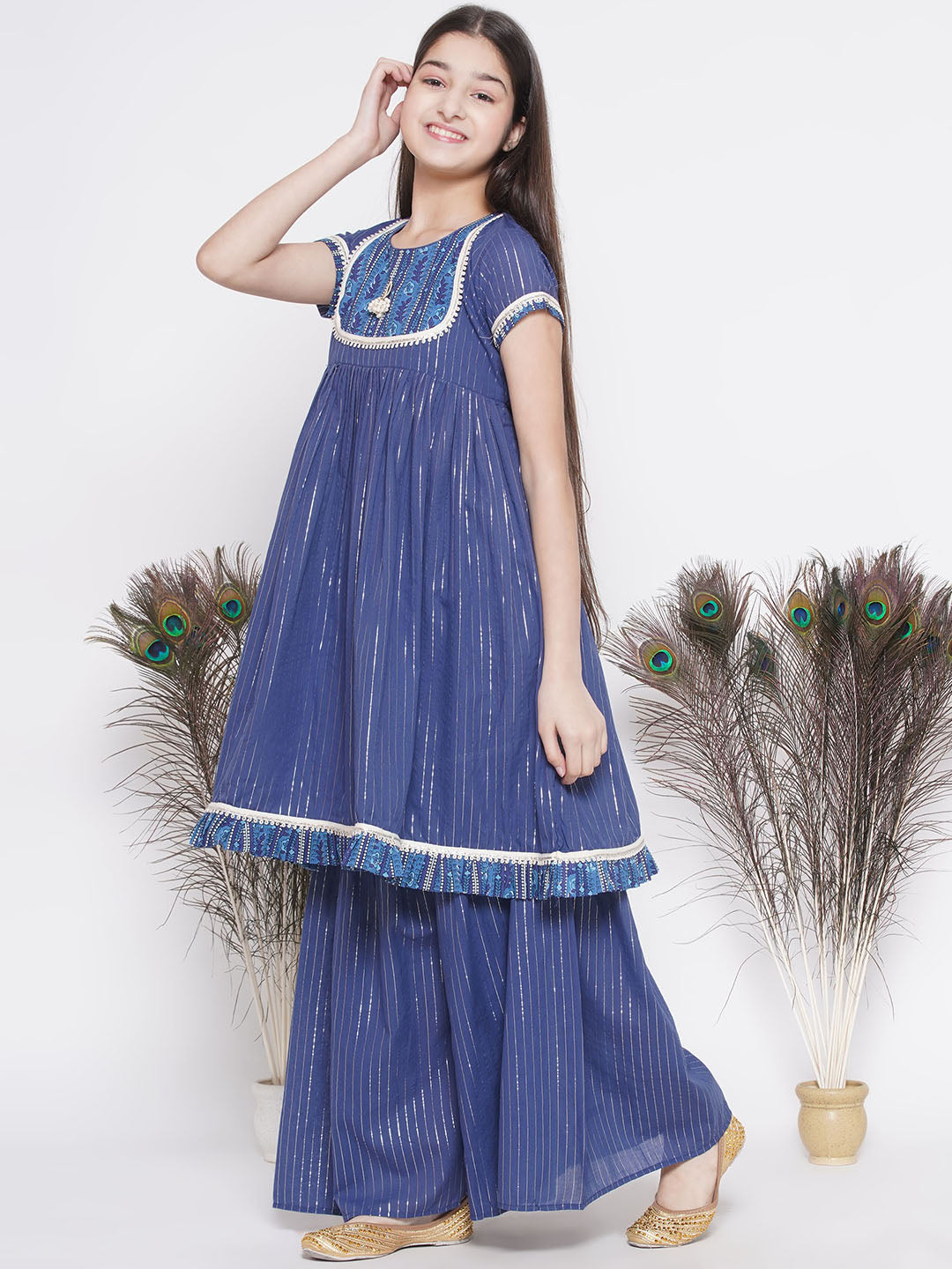 Girls Floral patch and lace work Frock Style Kurta with sharara and Dupatta | SHOBITAM