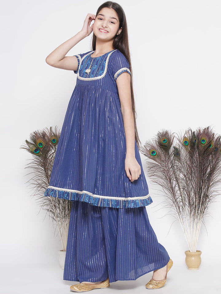 Girls Floral patch and lace work Frock Style Kurta with sharara and Dupatta | SHOBITAM
