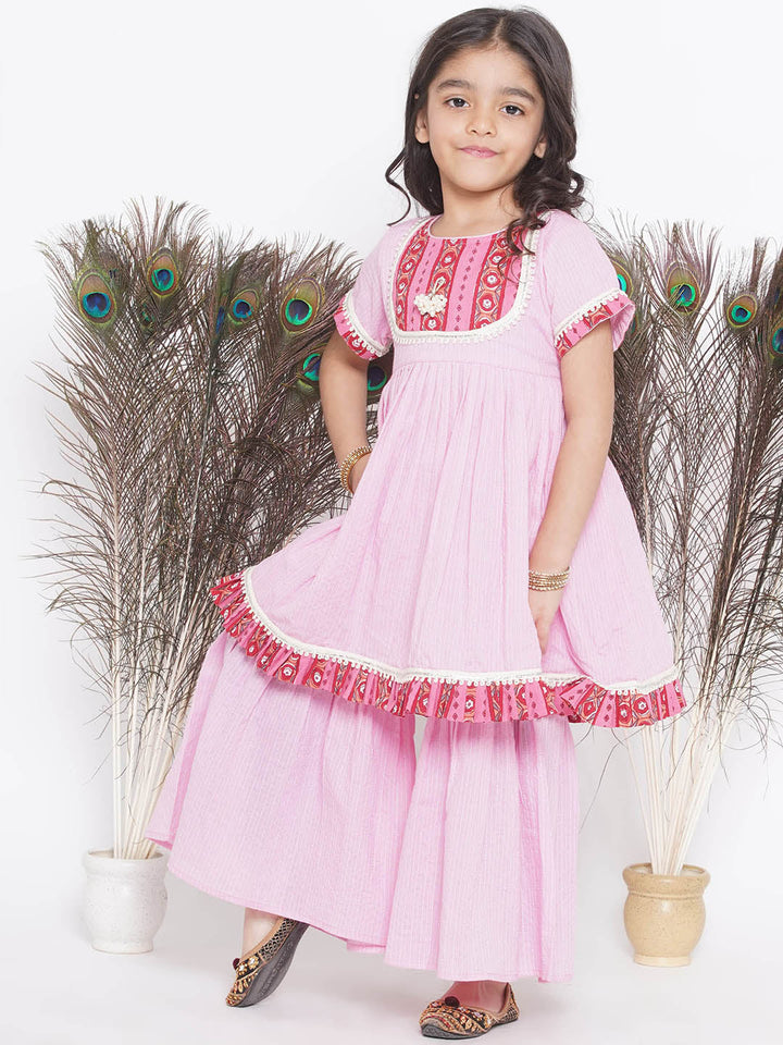 Floral patch and lace work Frock Style Kurta with sharara and Dupatta | SHOBITAM