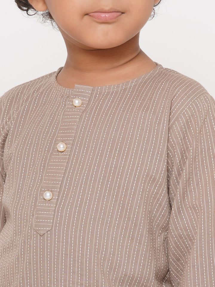 Boys Thread Work Kurta with Pearl buttons & Dhoti - Camel Brown | SHOBITAM