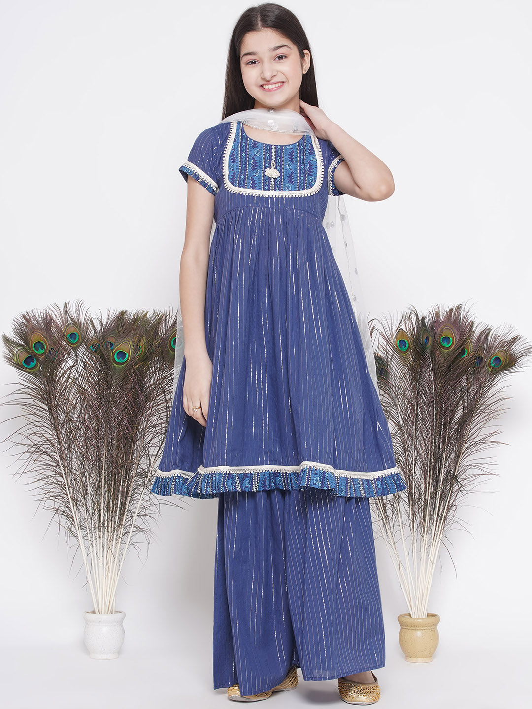 Girls Floral patch and lace work Frock Style Kurta with sharara and Dupatta | SHOBITAM