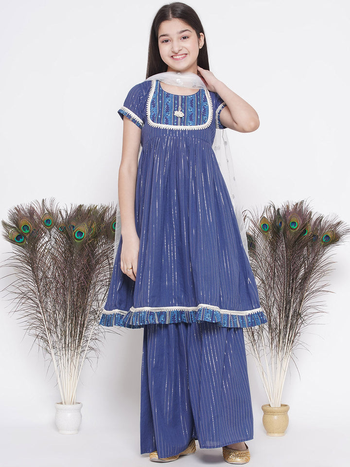 Girls Floral patch and lace work Frock Style Kurta with sharara and Dupatta | SHOBITAM