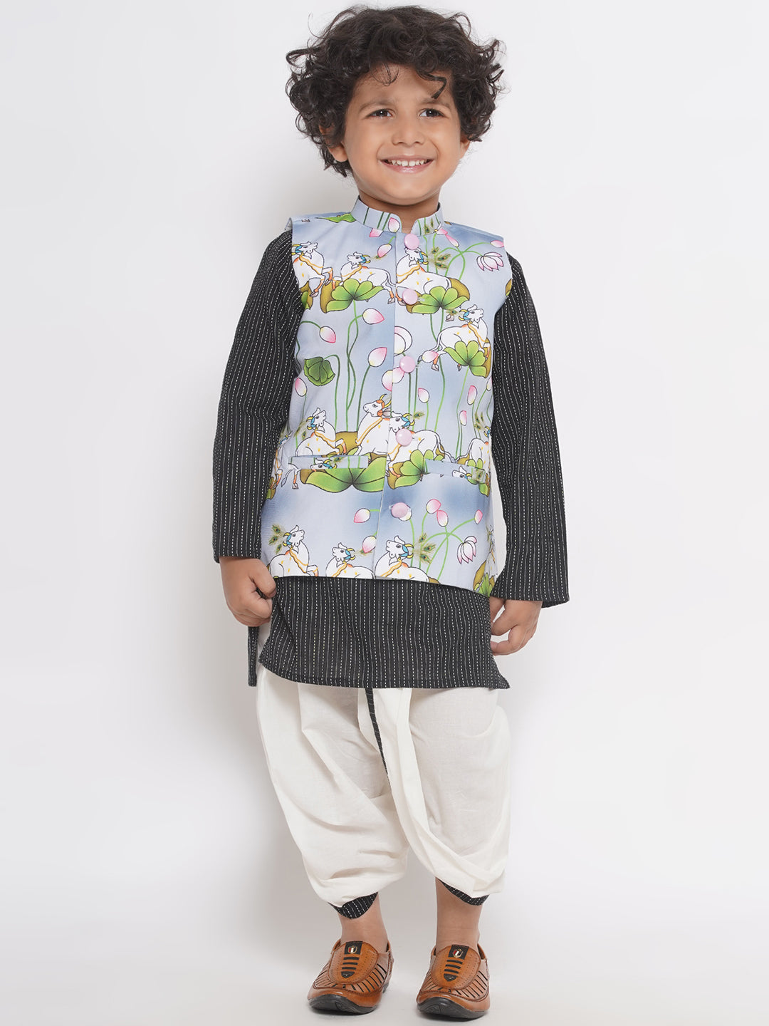 Cow print Jacket with Thread work Kurta and Dhoti - Grey & Black  | SHOBITAM