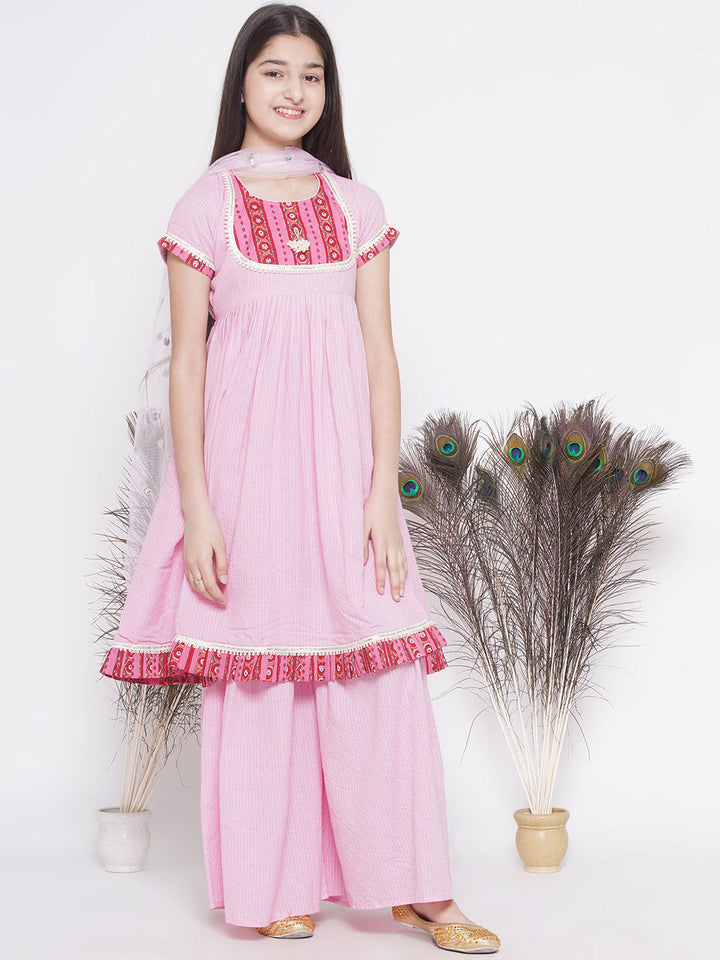 Floral patch and lace work Frock Style Kurta with sharara and Dupatta | SHOBITAM