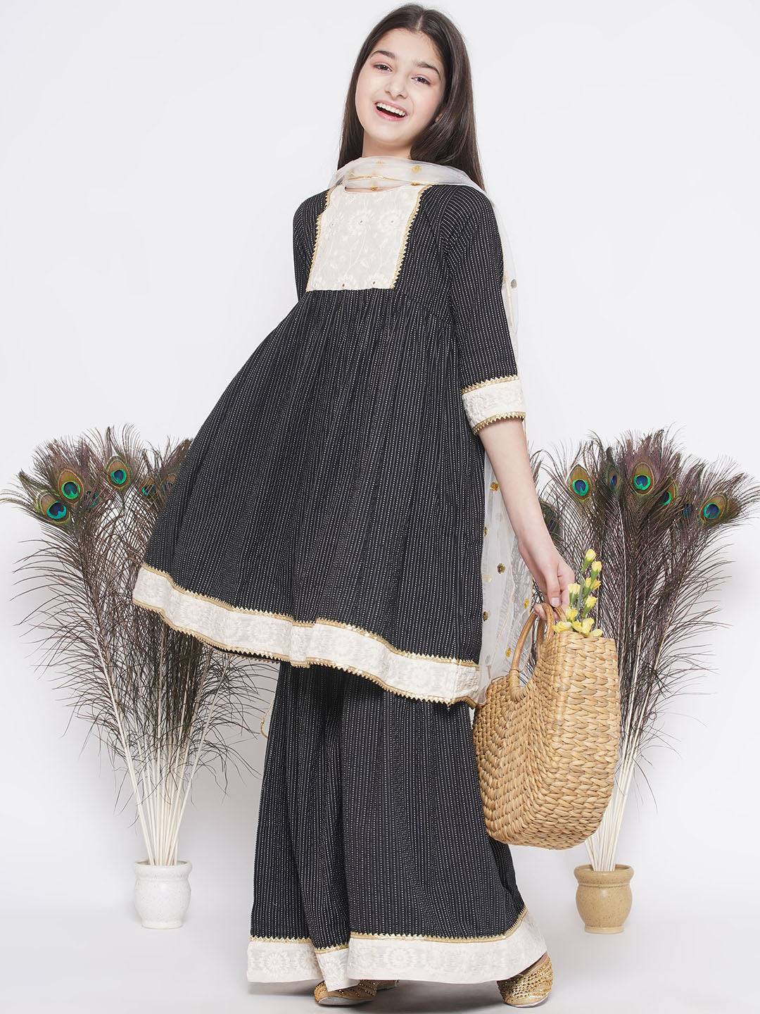 Frock Style Kurta with Floral Embroidery work and Sharara with Dupatta | SHOBITAM