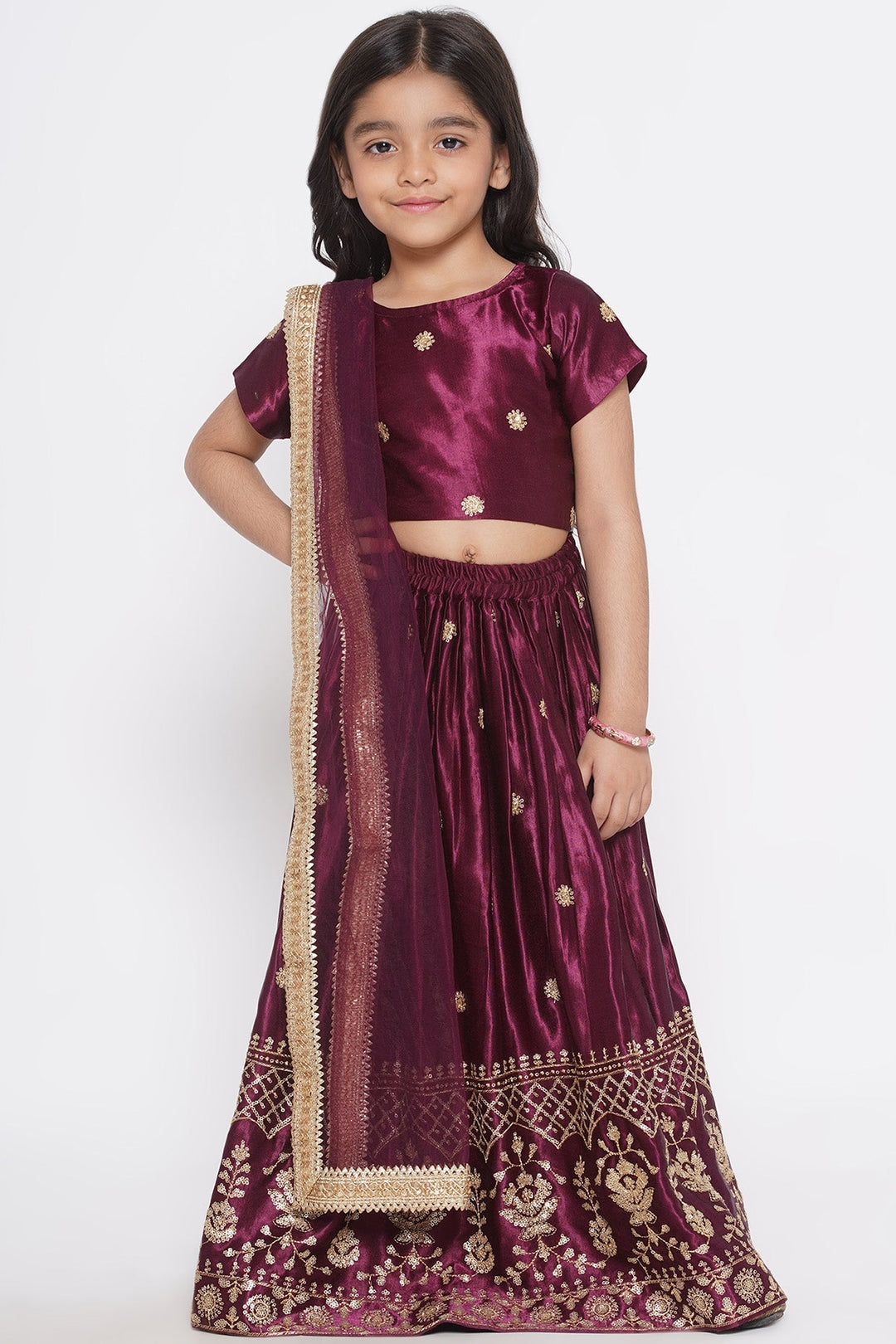 Floral Buti Sequence work Blouse with Sequins work Lehenga with Dupatta - Wine | SHOBITAM