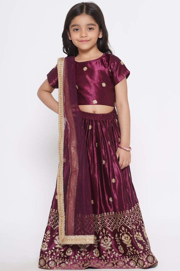 Floral Buti Sequence work Blouse with Sequins work Lehenga with Dupatta - Wine | SHOBITAM