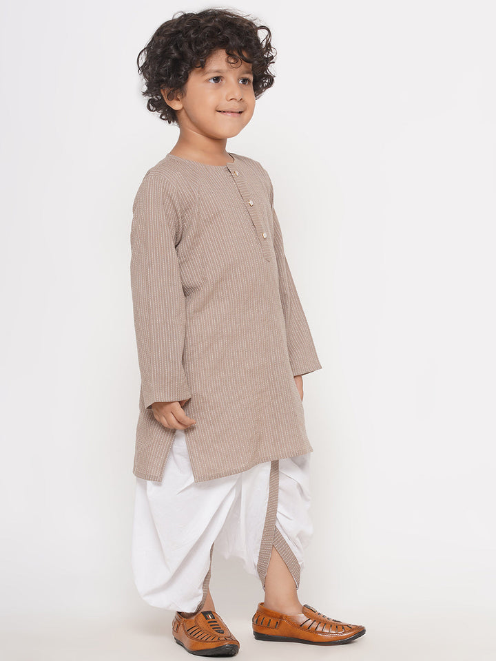 Boys Thread Work Kurta with Pearl buttons & Dhoti - Camel Brown | SHOBITAM