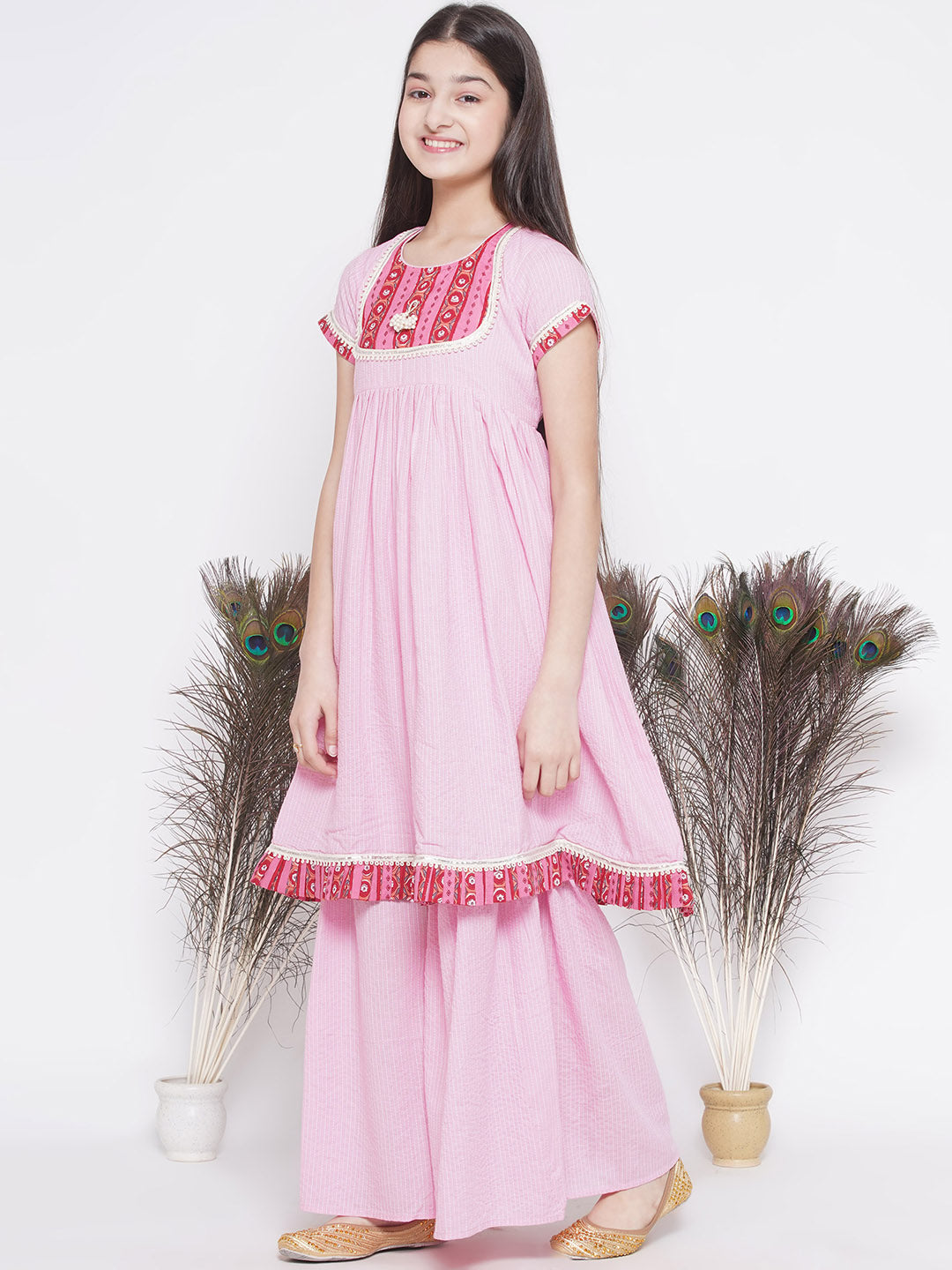 Floral patch and lace work Frock Style Kurta with sharara and Dupatta | SHOBITAM