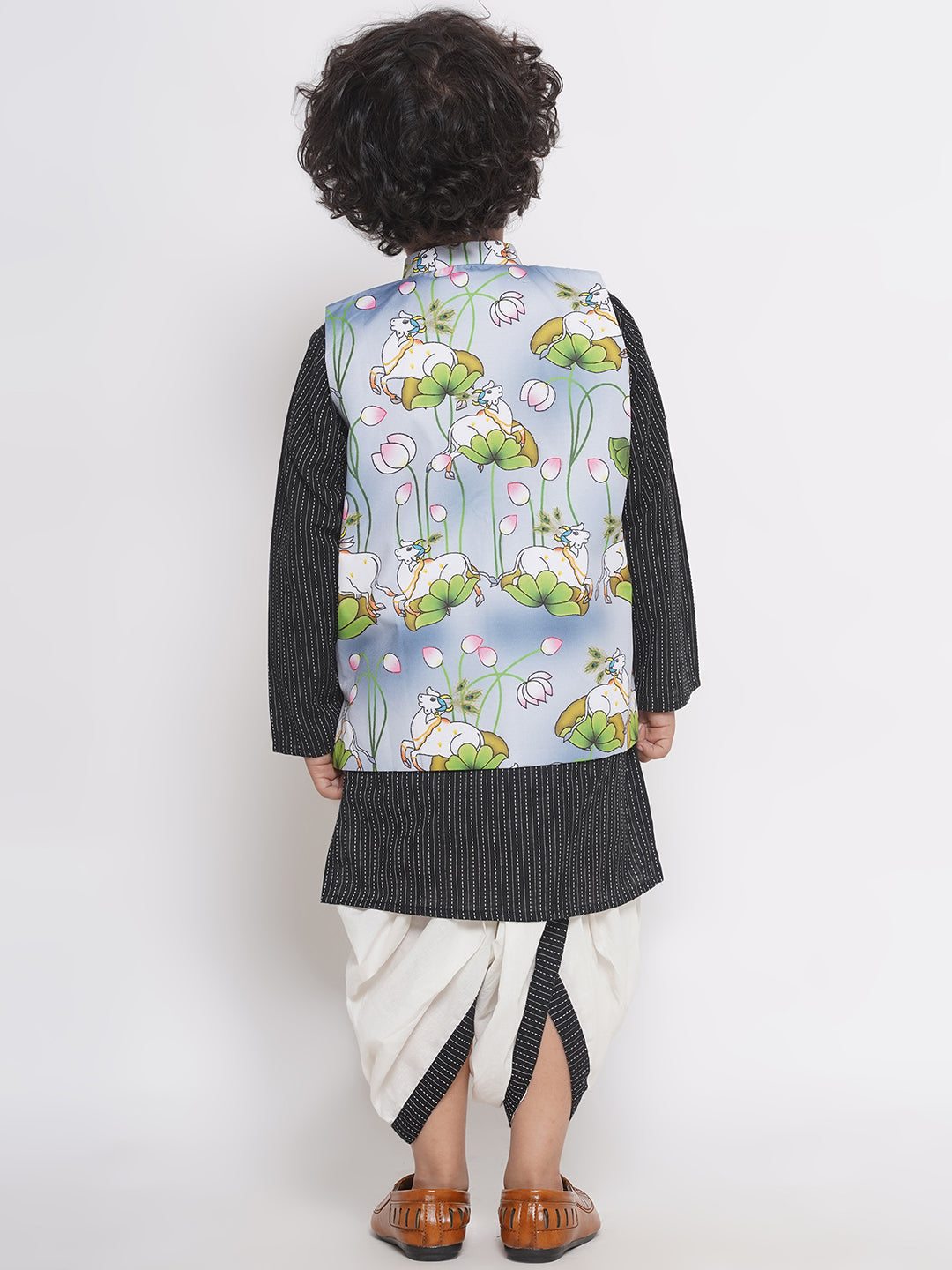 Cow print Jacket with Thread work Kurta and Dhoti - Grey & Black  | SHOBITAM