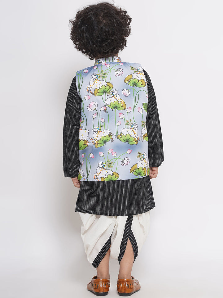 Cow print Jacket with Thread work Kurta and Dhoti - Grey & Black  | SHOBITAM