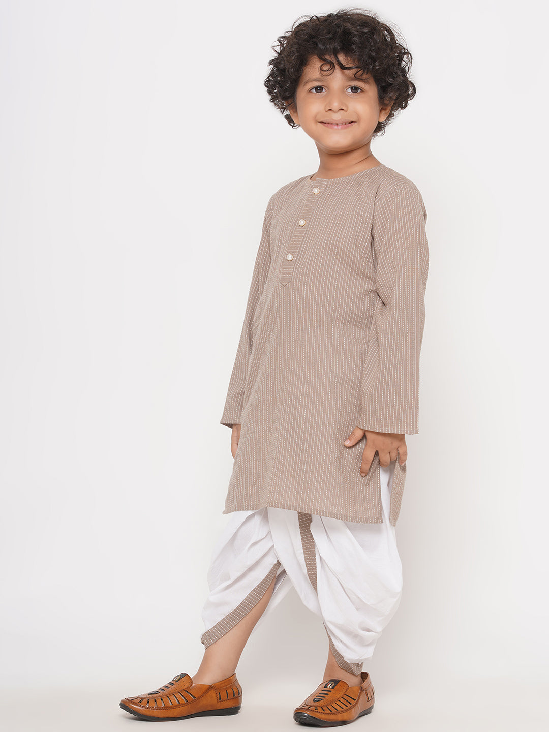 Boys Thread Work Kurta with Pearl buttons & Dhoti - Camel Brown | SHOBITAM