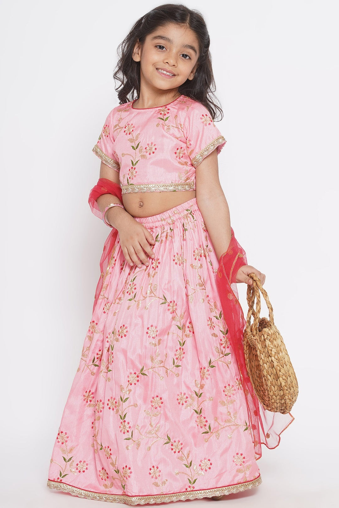 Silk Blouse with Lehenga and Dupatta with Floral Embroidery | SHOBITAM