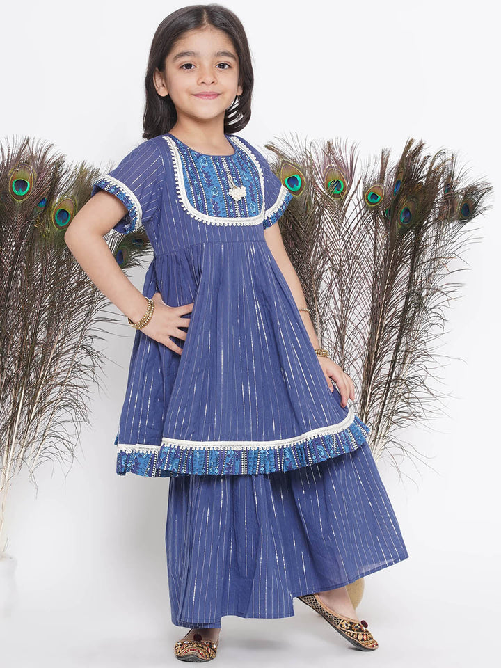 Girls Floral patch and lace work Frock Style Kurta with sharara and Dupatta | SHOBITAM