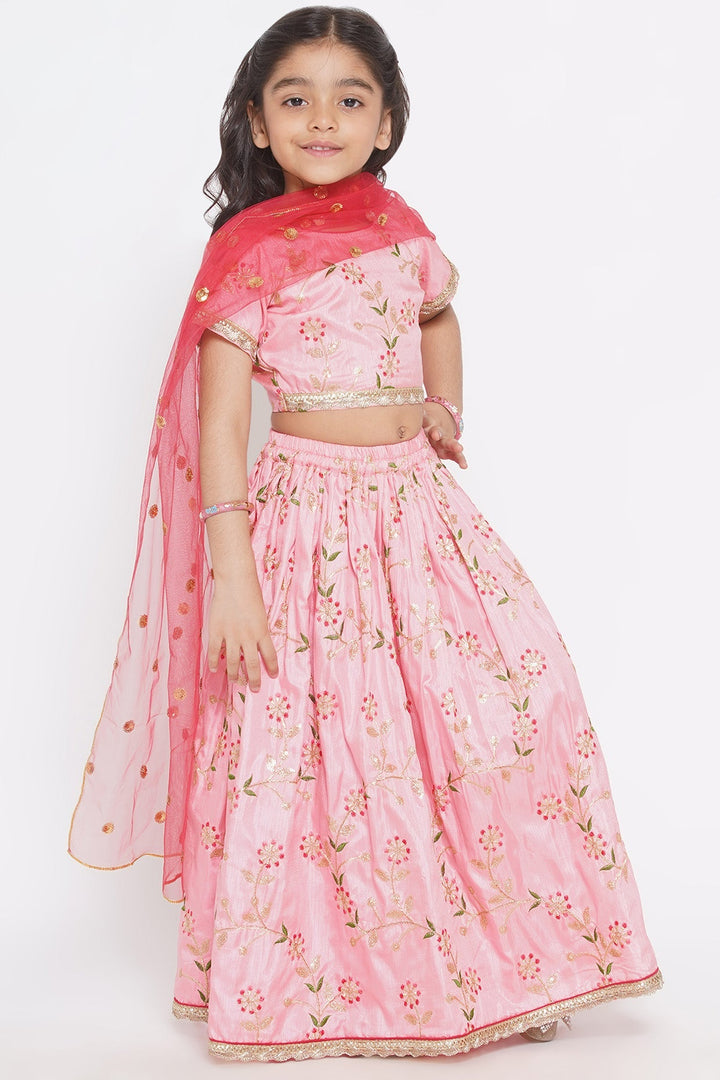 Silk Blouse with Lehenga and Dupatta with Floral Embroidery | SHOBITAM