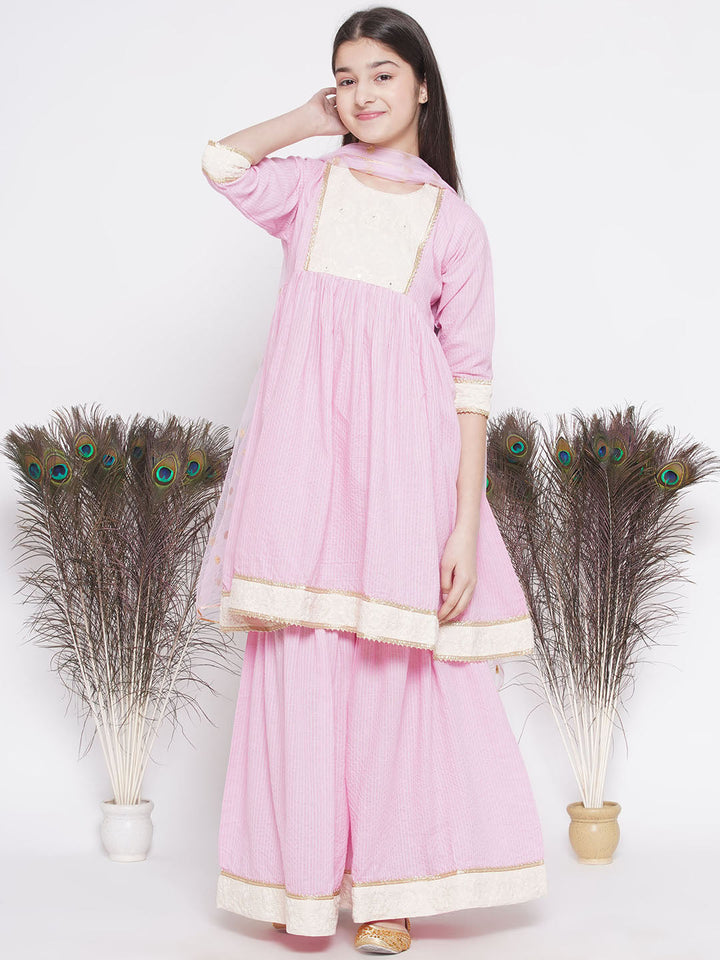 Thread work Frock Style Kurta with Floral Embroidery and Sharara with Dupatta | SHOBITAM