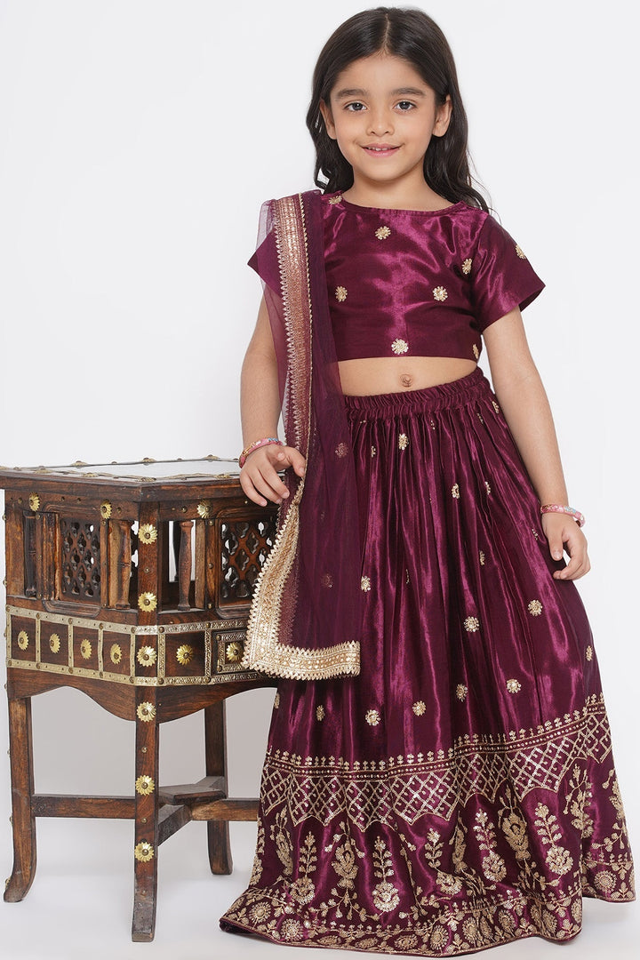Floral Buti Sequence work Blouse with Sequins work Lehenga with Dupatta - Wine | SHOBITAM