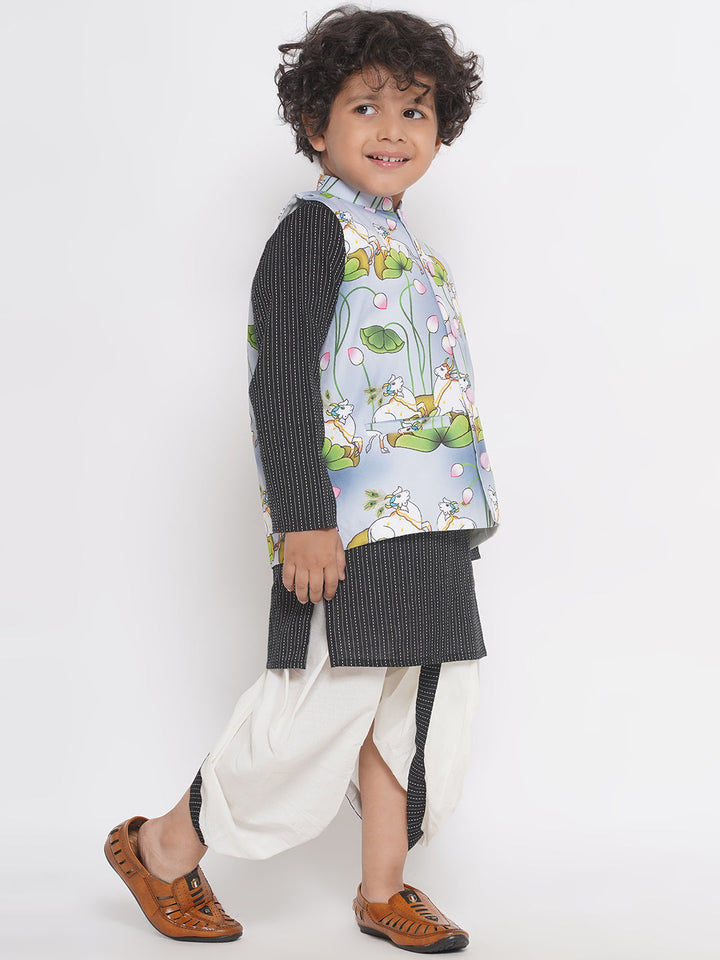 Cow print Jacket with Thread work Kurta and Dhoti - Grey & Black  | SHOBITAM