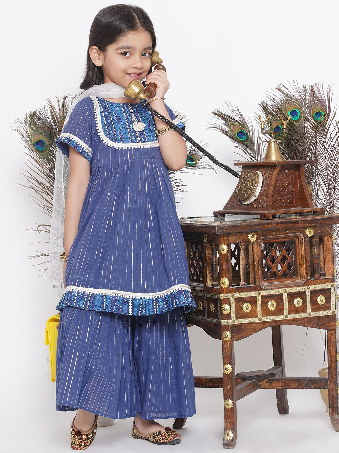 Girls Floral patch and lace work Frock Style Kurta with sharara and Dupatta | SHOBITAM