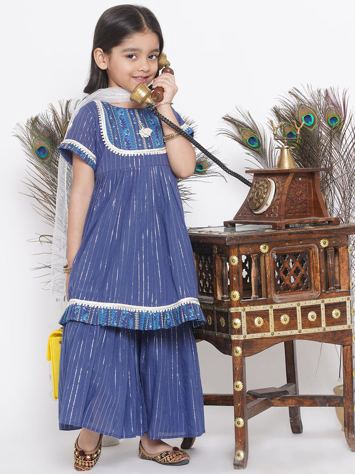 Girls Floral patch and lace work Frock Style Kurta with sharara and Dupatta | SHOBITAM