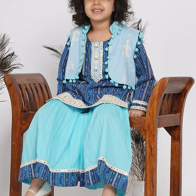 Girls Floral Print Kurta with Lace work and Sharara with pom pom jacket |SHOBITAM