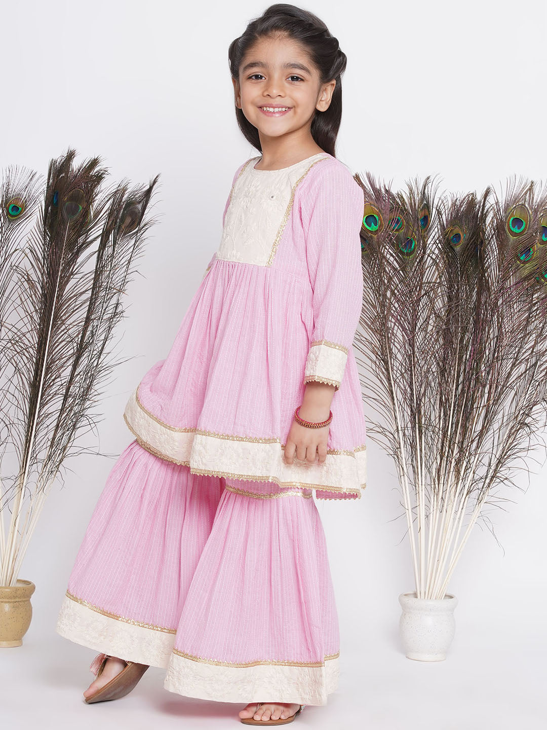 Thread work Frock Style Kurta with Floral Embroidery and Sharara with Dupatta | SHOBITAM