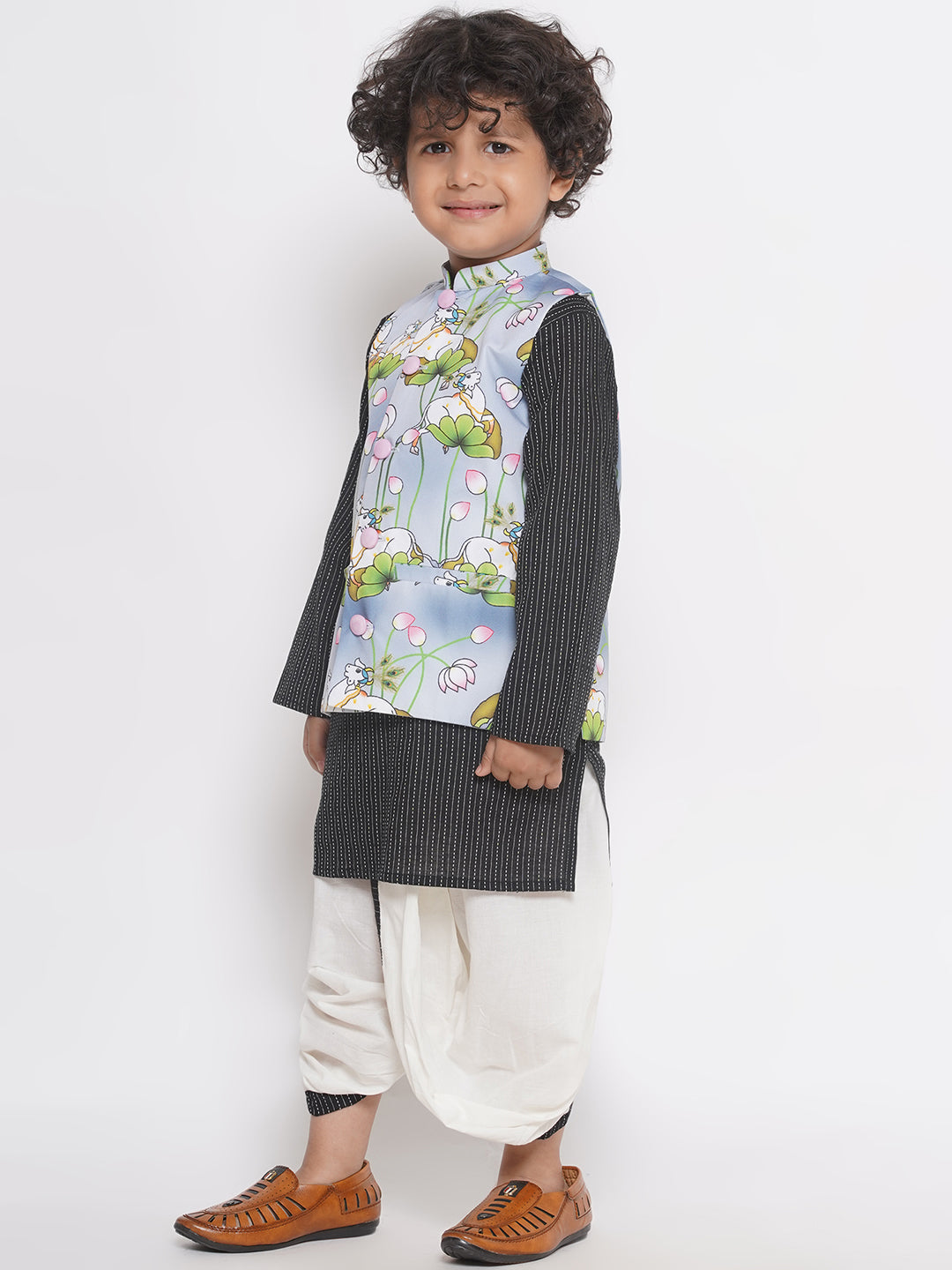 Cow print Jacket with Thread work Kurta and Dhoti - Grey & Black  | SHOBITAM