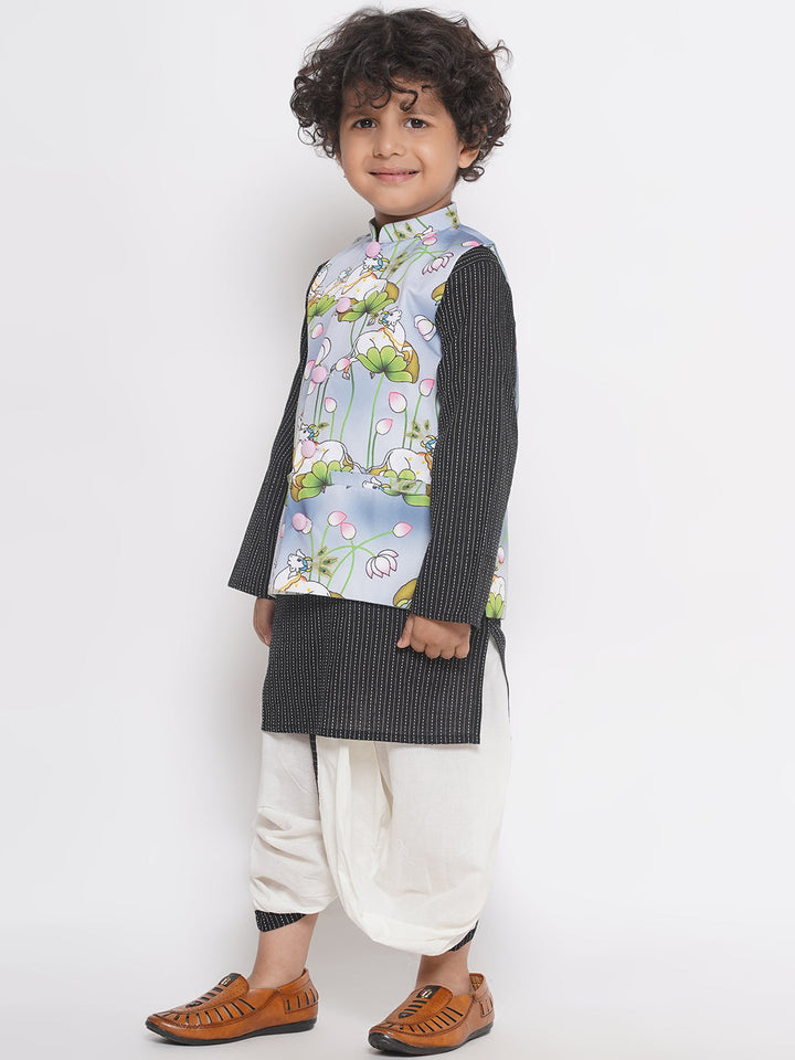 Cow print Jacket with Thread work Kurta and Dhoti - Grey & Black  | SHOBITAM