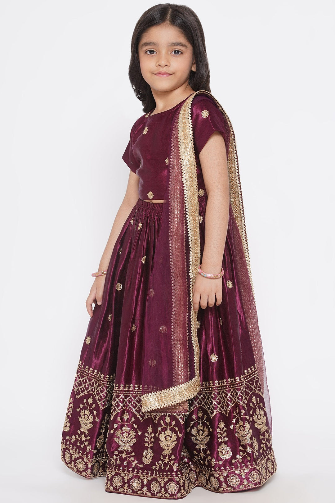 Floral Buti Sequence work Blouse with Sequins work Lehenga with Dupatta - Wine | SHOBITAM