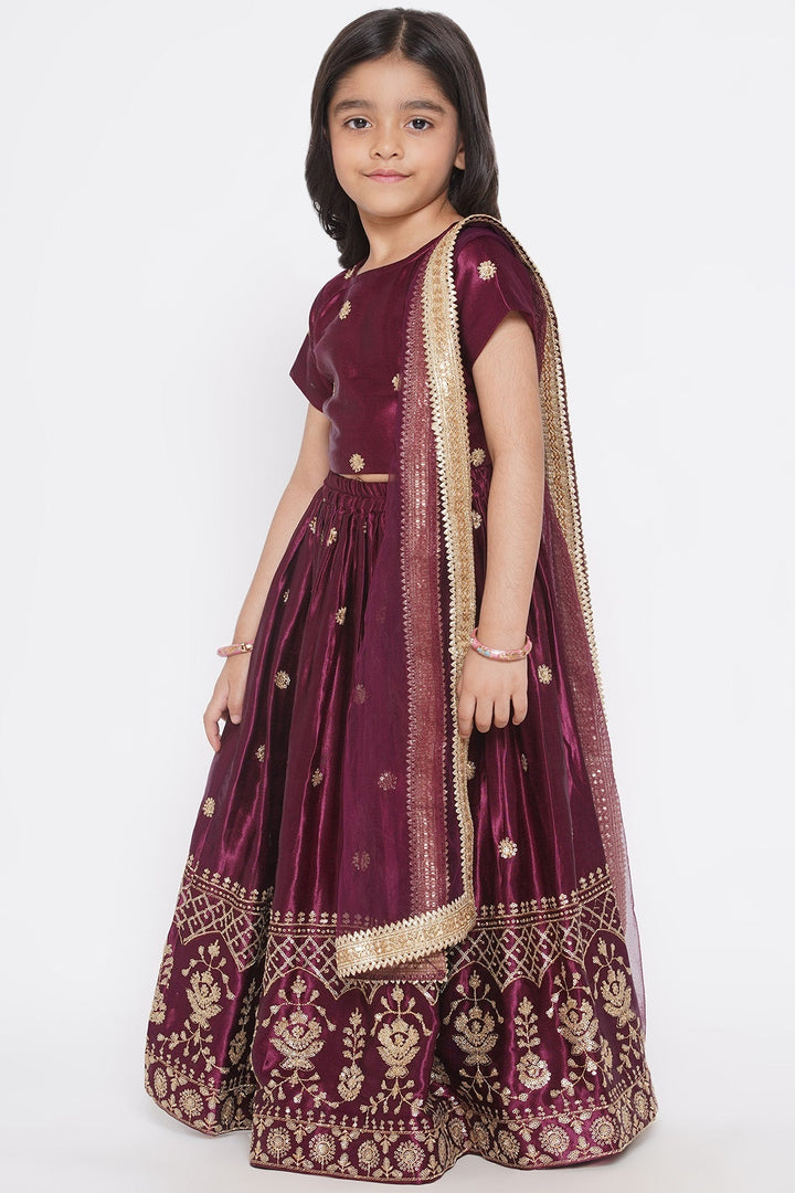 Floral Buti Sequence work Blouse with Sequins work Lehenga with Dupatta - Wine | SHOBITAM